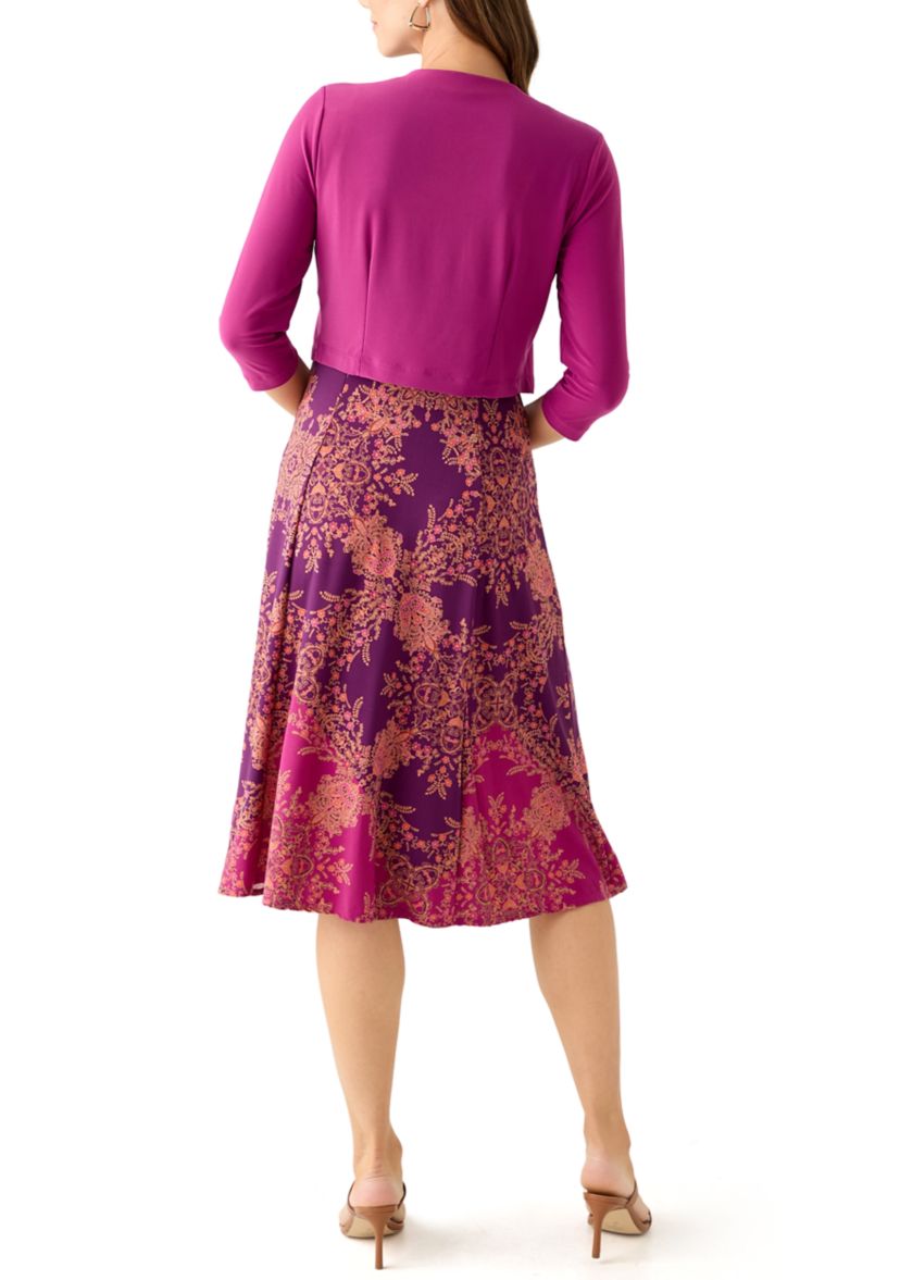 Womens Printed Dress with Three Quarter Sleeve Jacket Set