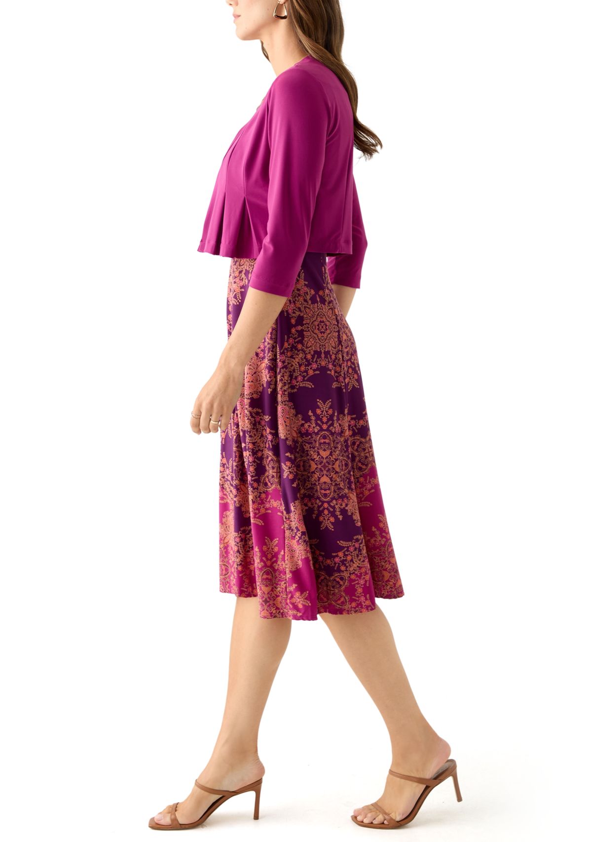 Womens Printed Dress with Three Quarter Sleeve Jacket Set