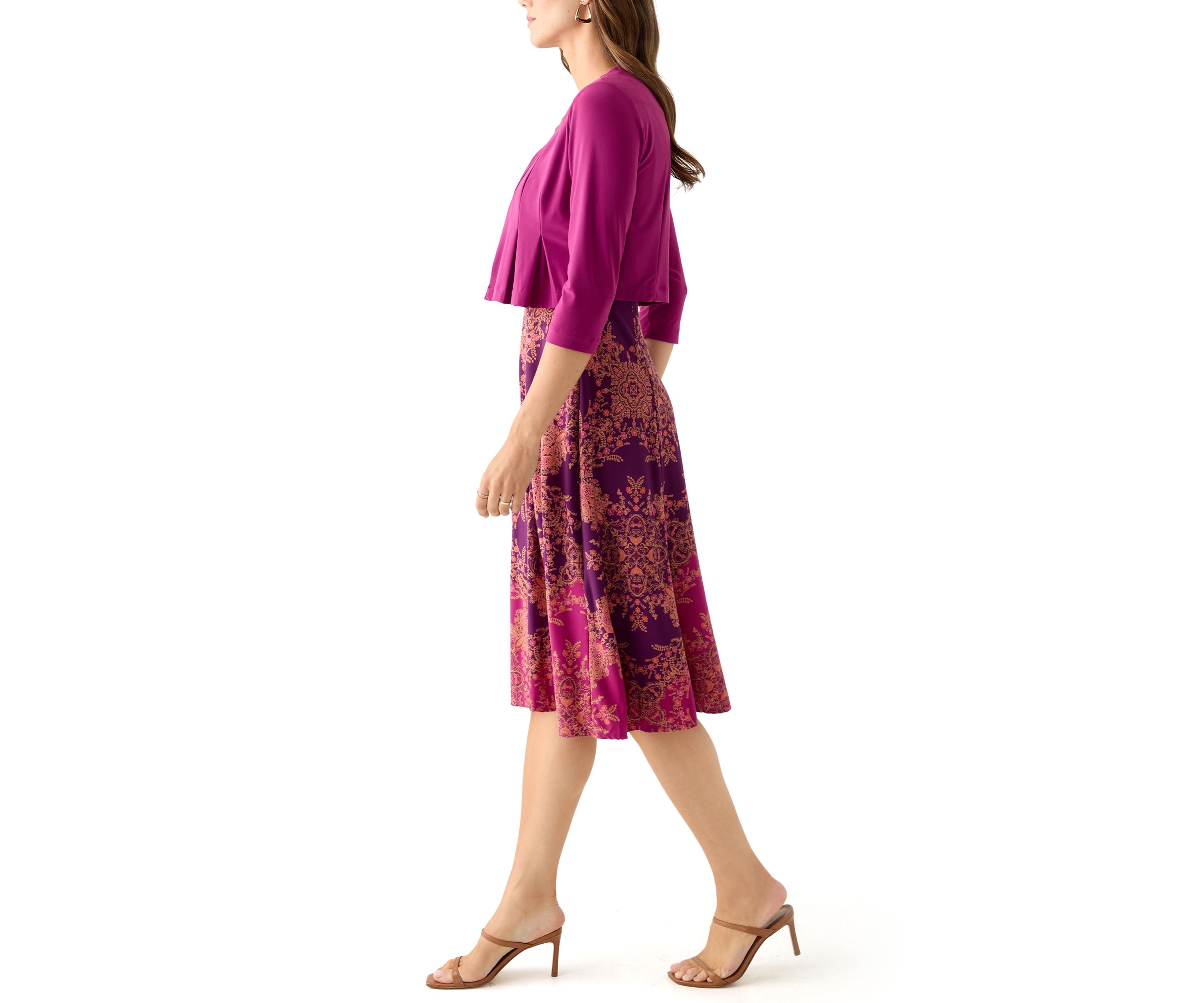 Womens Printed Dress with Three Quarter Sleeve Jacket Set