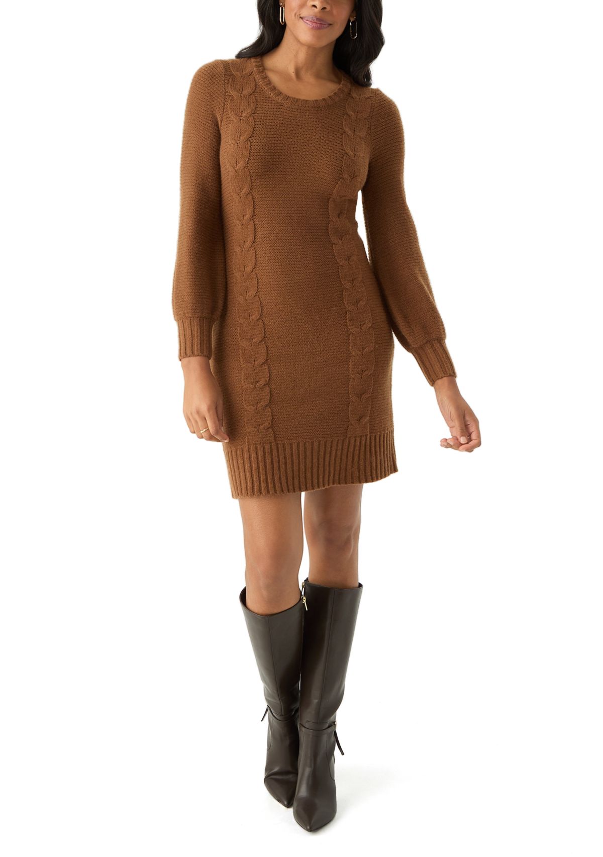 Womens Puff Sleeve Solid Knit Sheath Dress