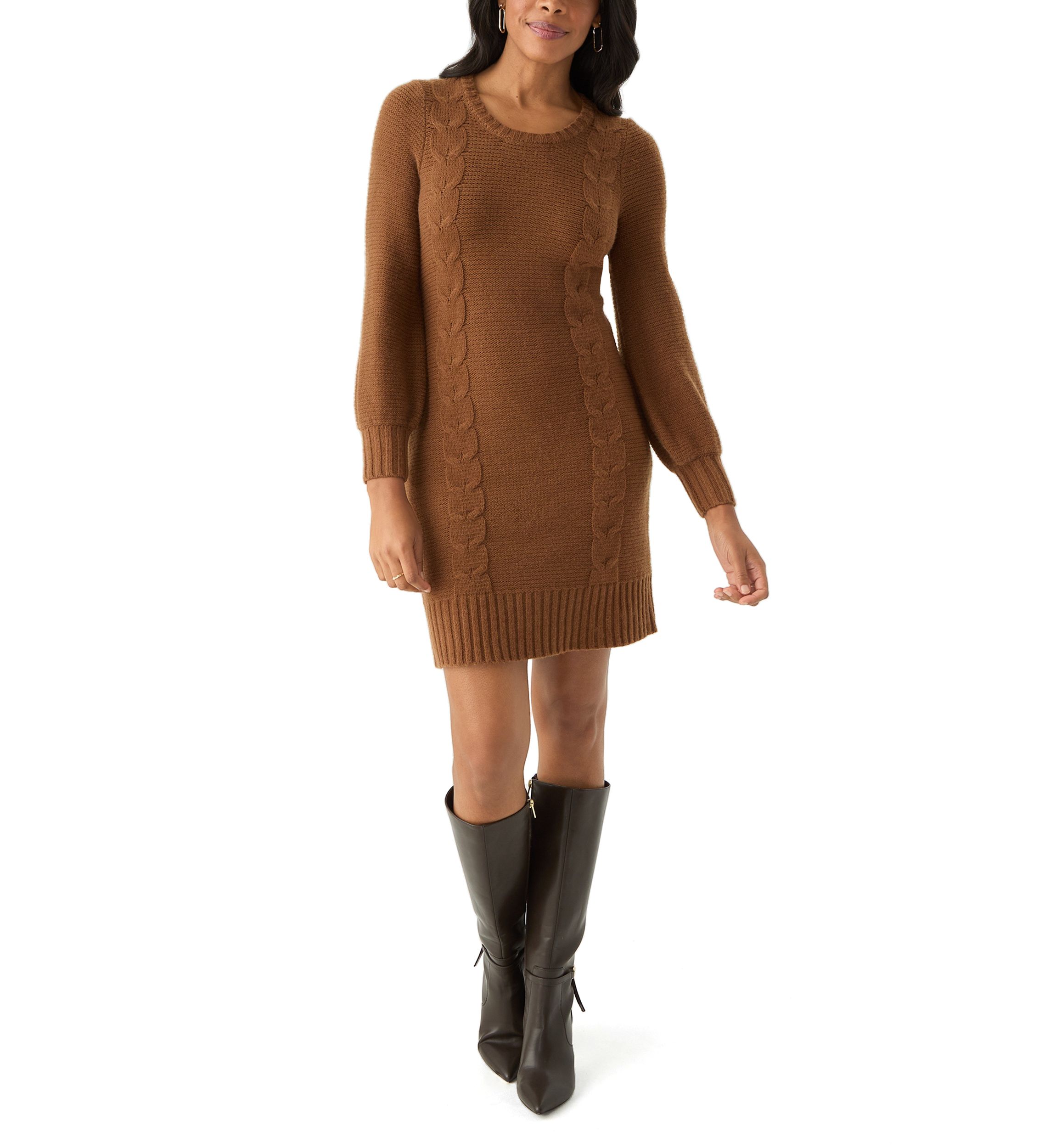 Womens Puff Sleeve Solid Knit Sheath Dress
