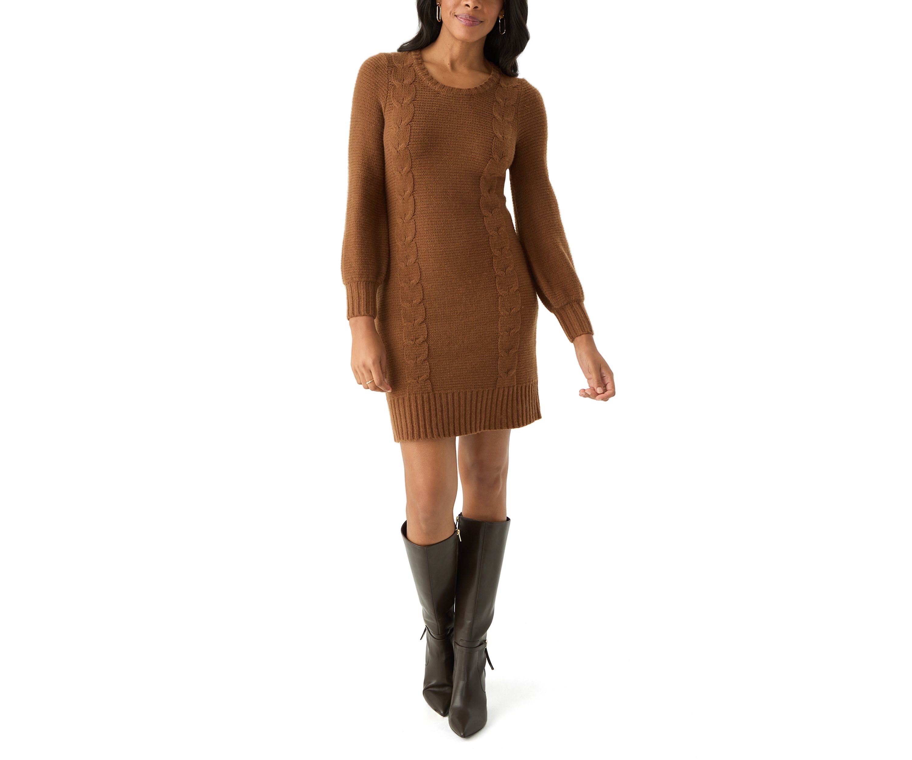 Womens Puff Sleeve Solid Knit Sheath Dress