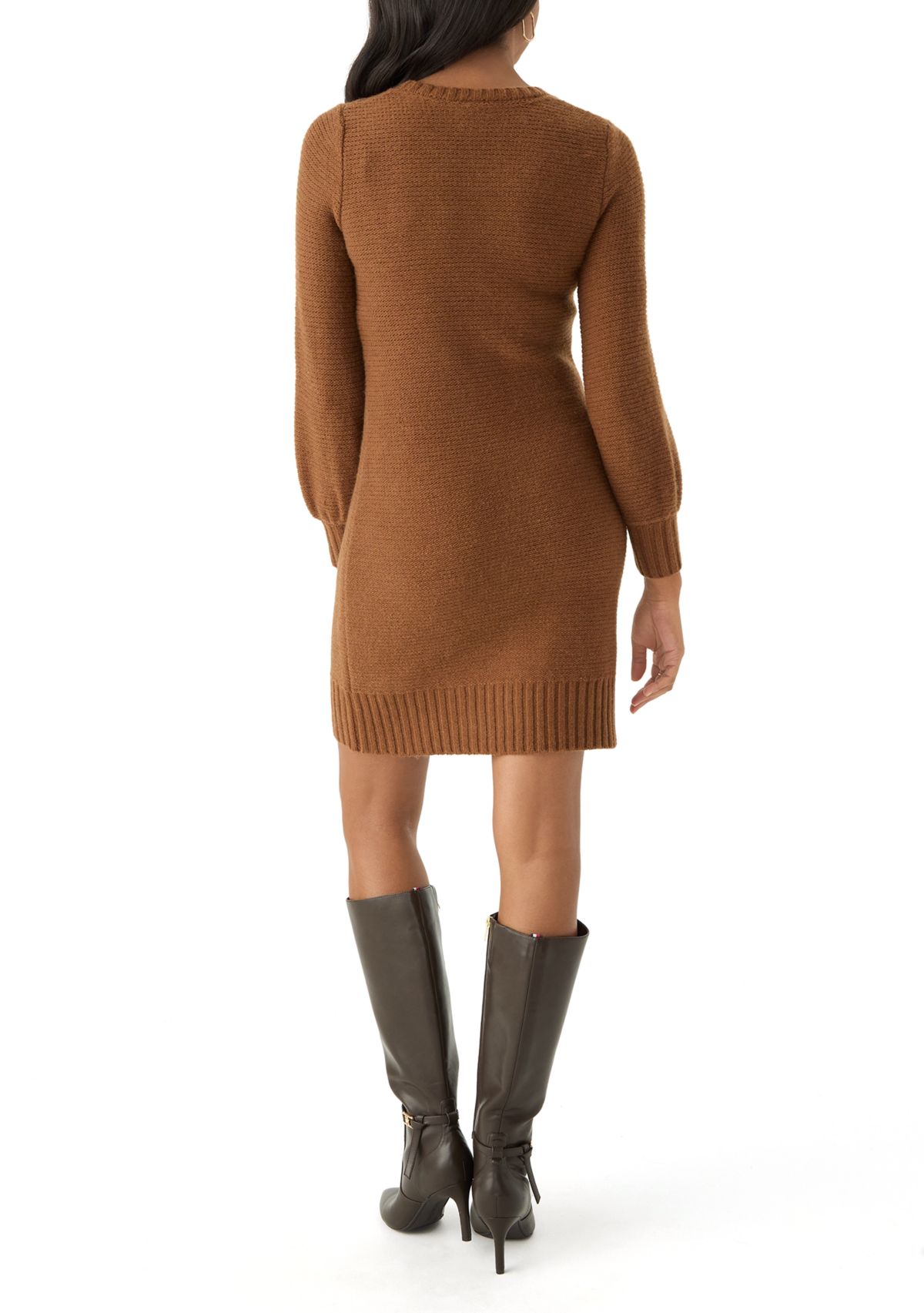 Womens Puff Sleeve Solid Knit Sheath Dress