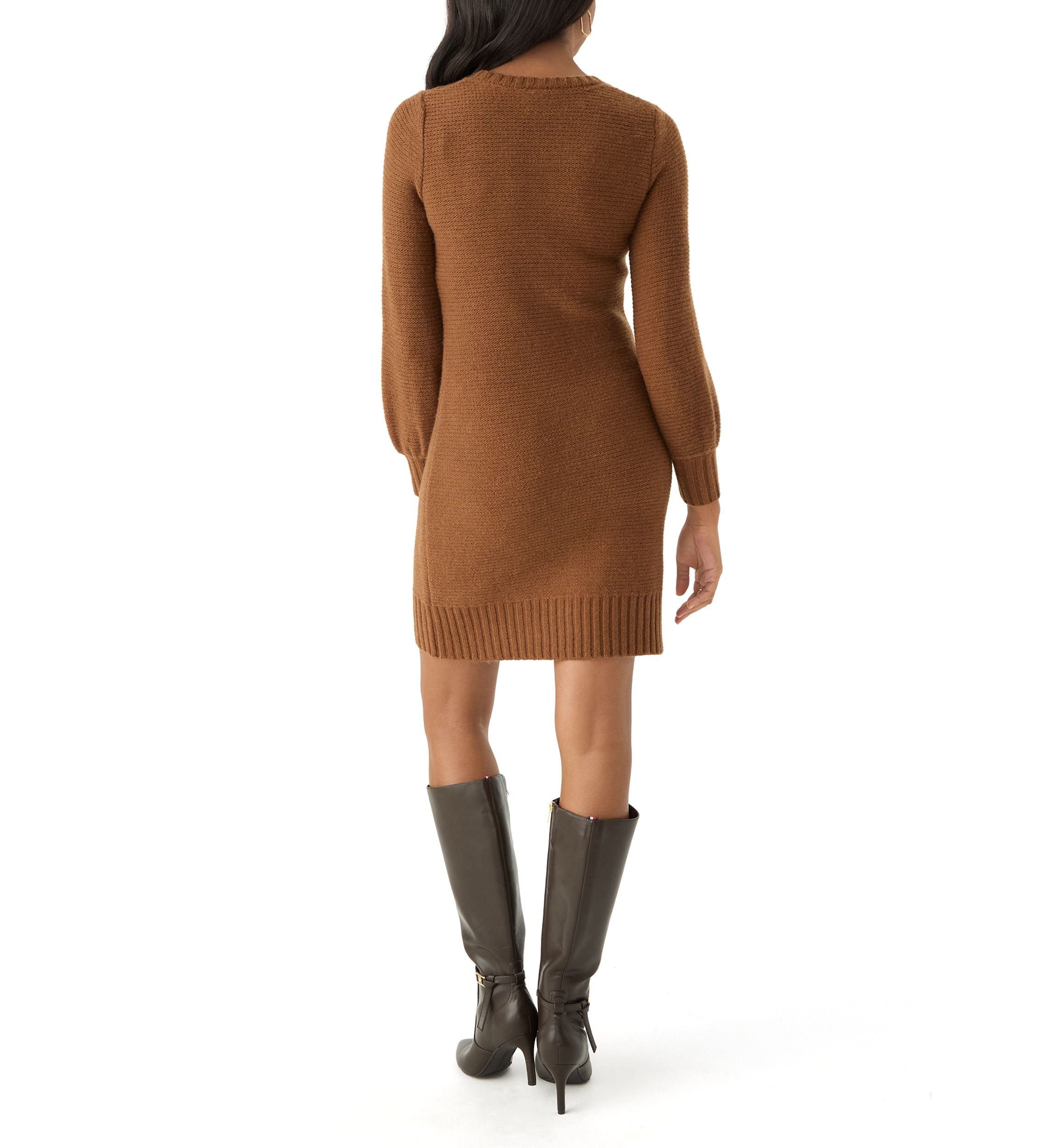 Womens Puff Sleeve Solid Knit Sheath Dress
