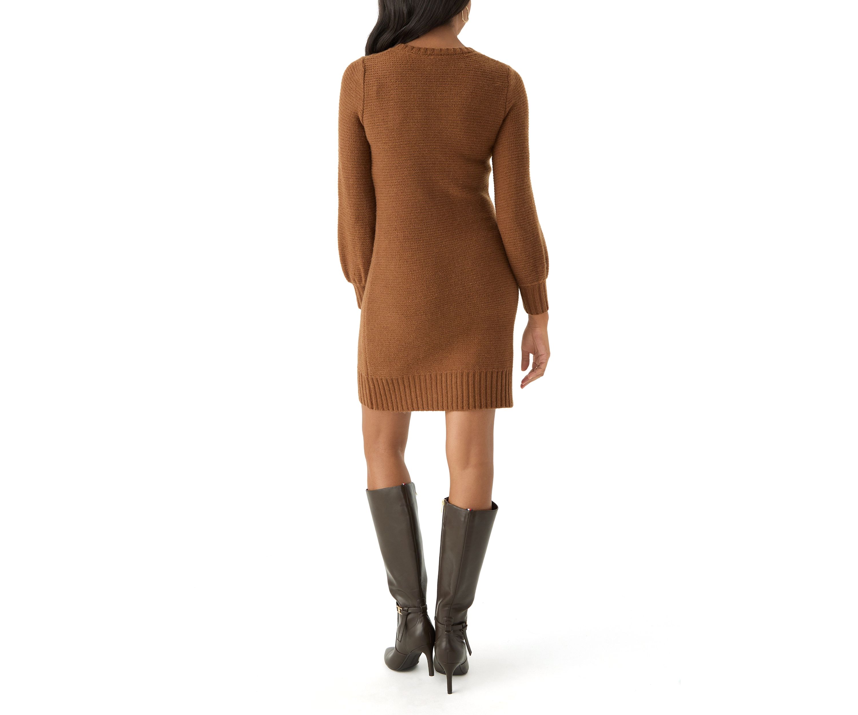 Womens Puff Sleeve Solid Knit Sheath Dress