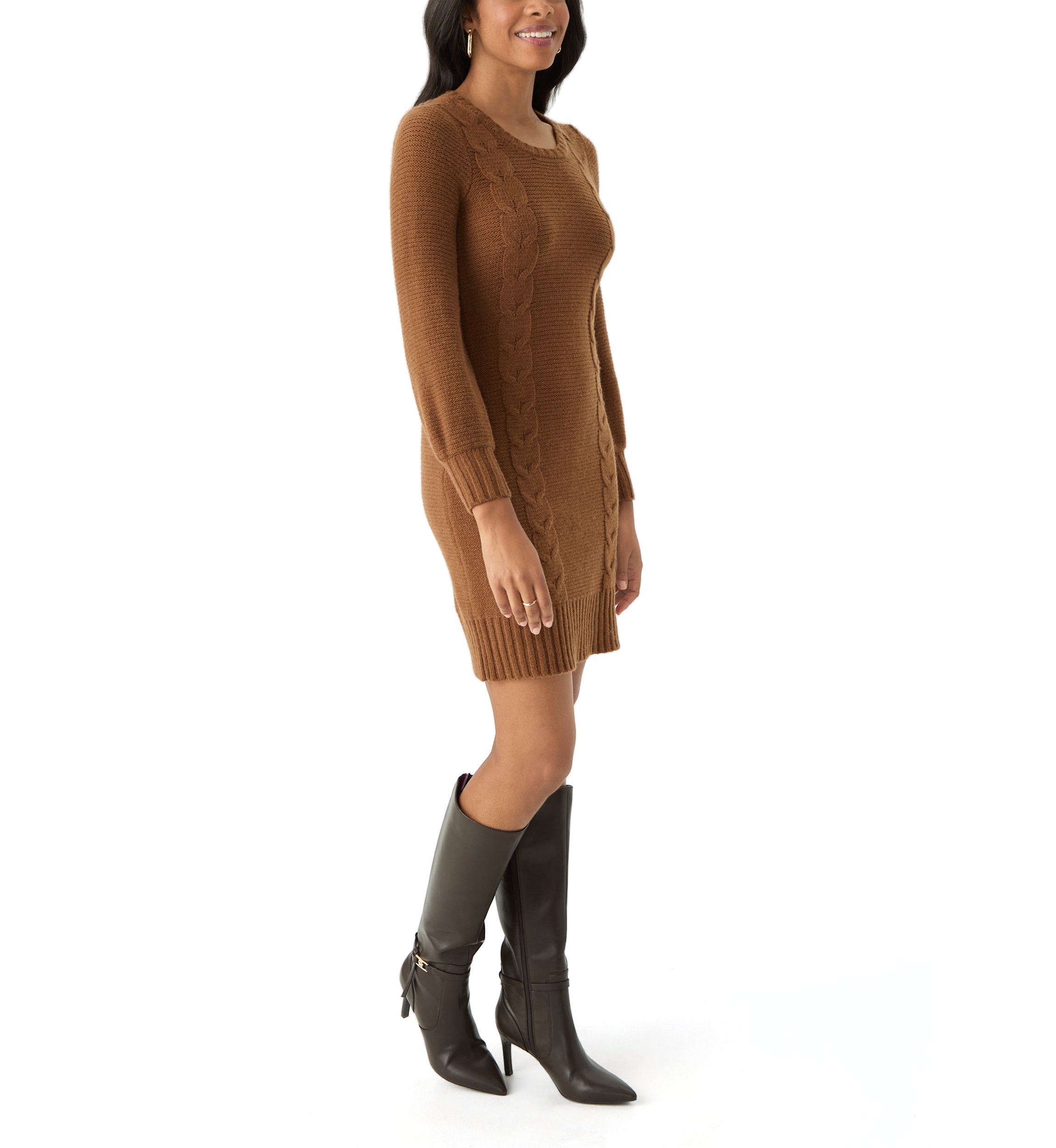 Womens Puff Sleeve Solid Knit Sheath Dress