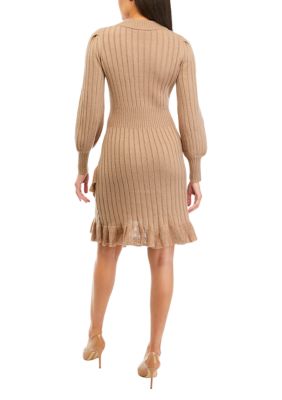 Women's Long Sleeve Ruffle Hem Cable Solid Sweater Dress