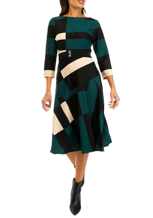 Womens 3/4 Sleeve Color Block Belted Fit and Flare Dress