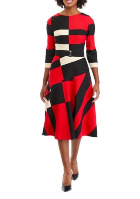 Women's 3/4 Sleeve Color Block Belted Fit and Flare Dress