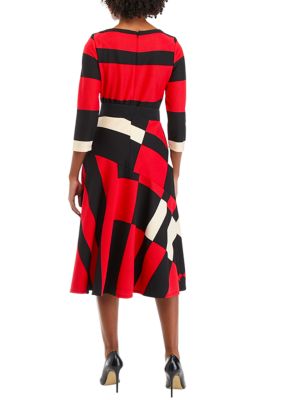 Women's 3/4 Sleeve Color Block Belted Fit and Flare Dress