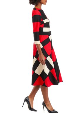 Women's 3/4 Sleeve Color Block Belted Fit and Flare Dress