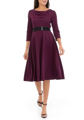 Women's 3/4 Sleeve Solid Cowl Neck Crepe Fit and Flare Dress