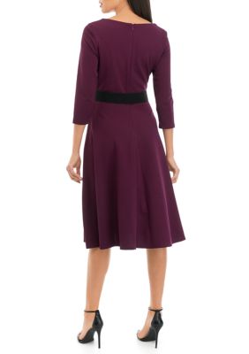 Women's 3/4 Sleeve Solid Cowl Neck Crepe Fit and Flare Dress