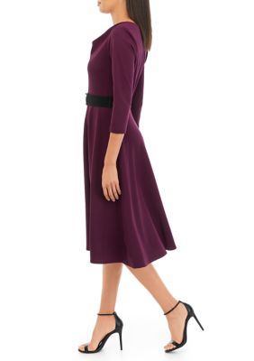 Women's 3/4 Sleeve Solid Cowl Neck Crepe Fit and Flare Dress