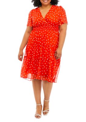 Plus Short Sleeve Smocked Waist Dot Printed Chiffon Midi Fit and Flare