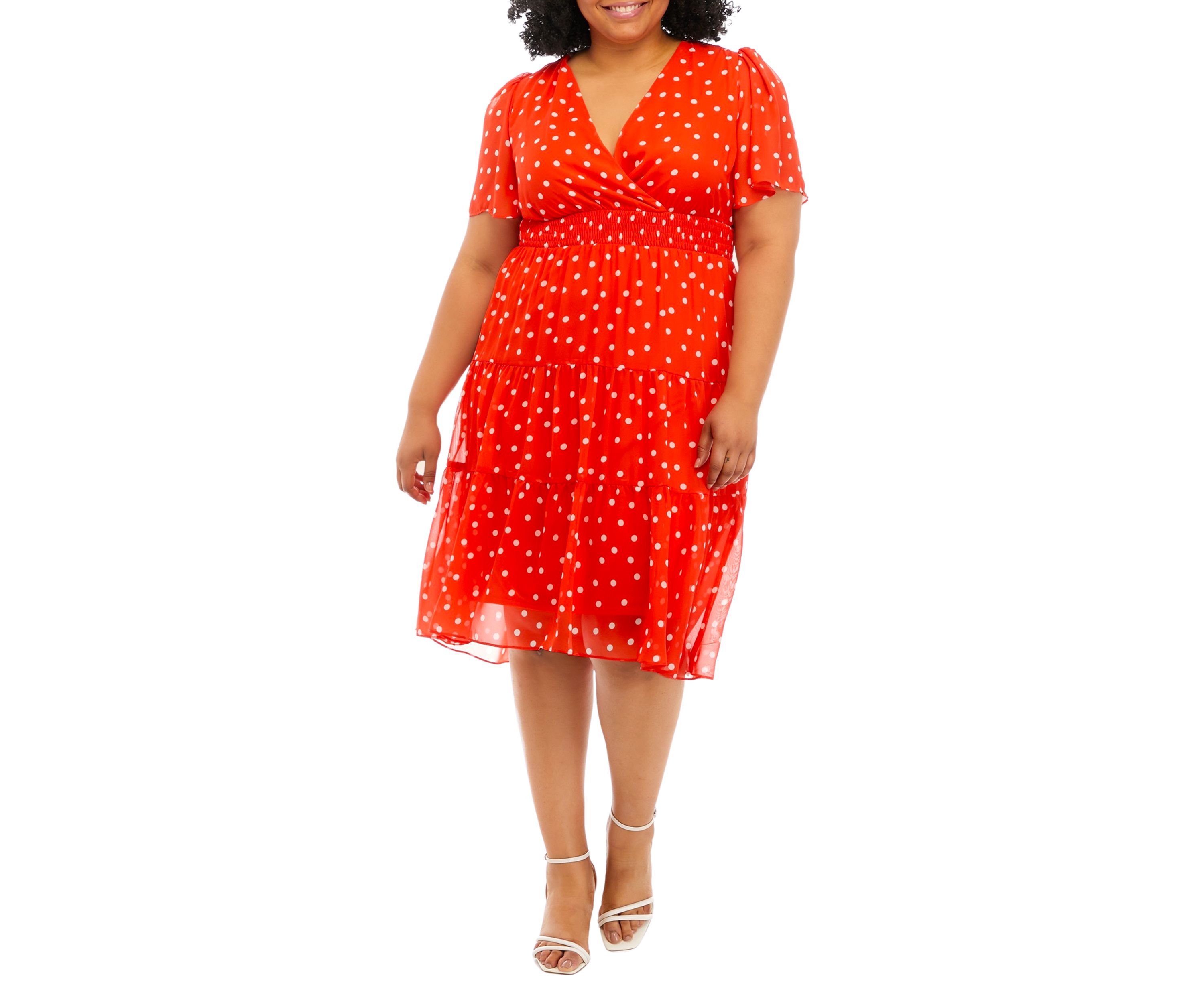 Plus Size Short Sleeve Smocked Waist Dot Printed Chiffon Midi Fit and Flare