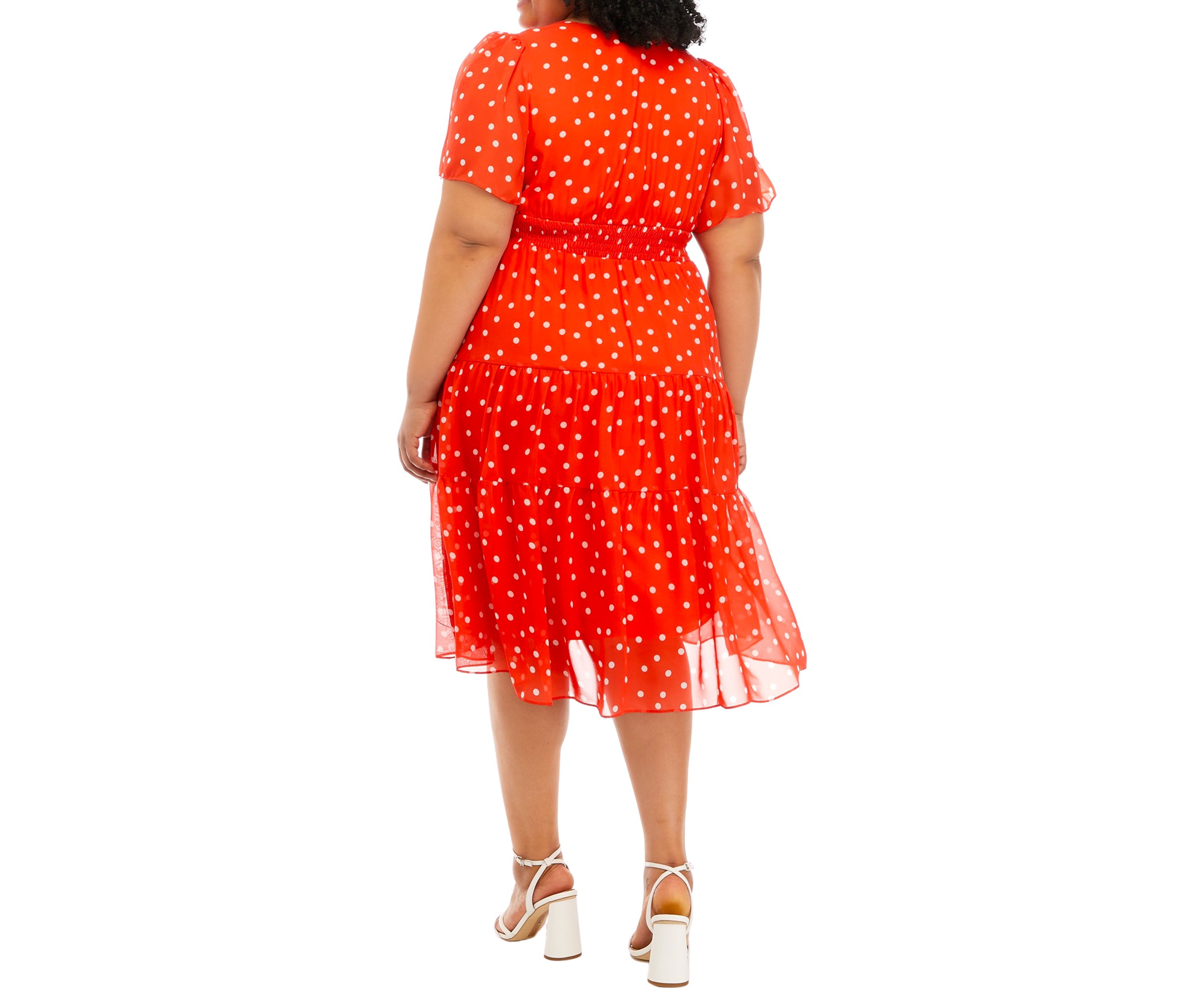 Plus Size Short Sleeve Smocked Waist Dot Printed Chiffon Midi Fit and Flare