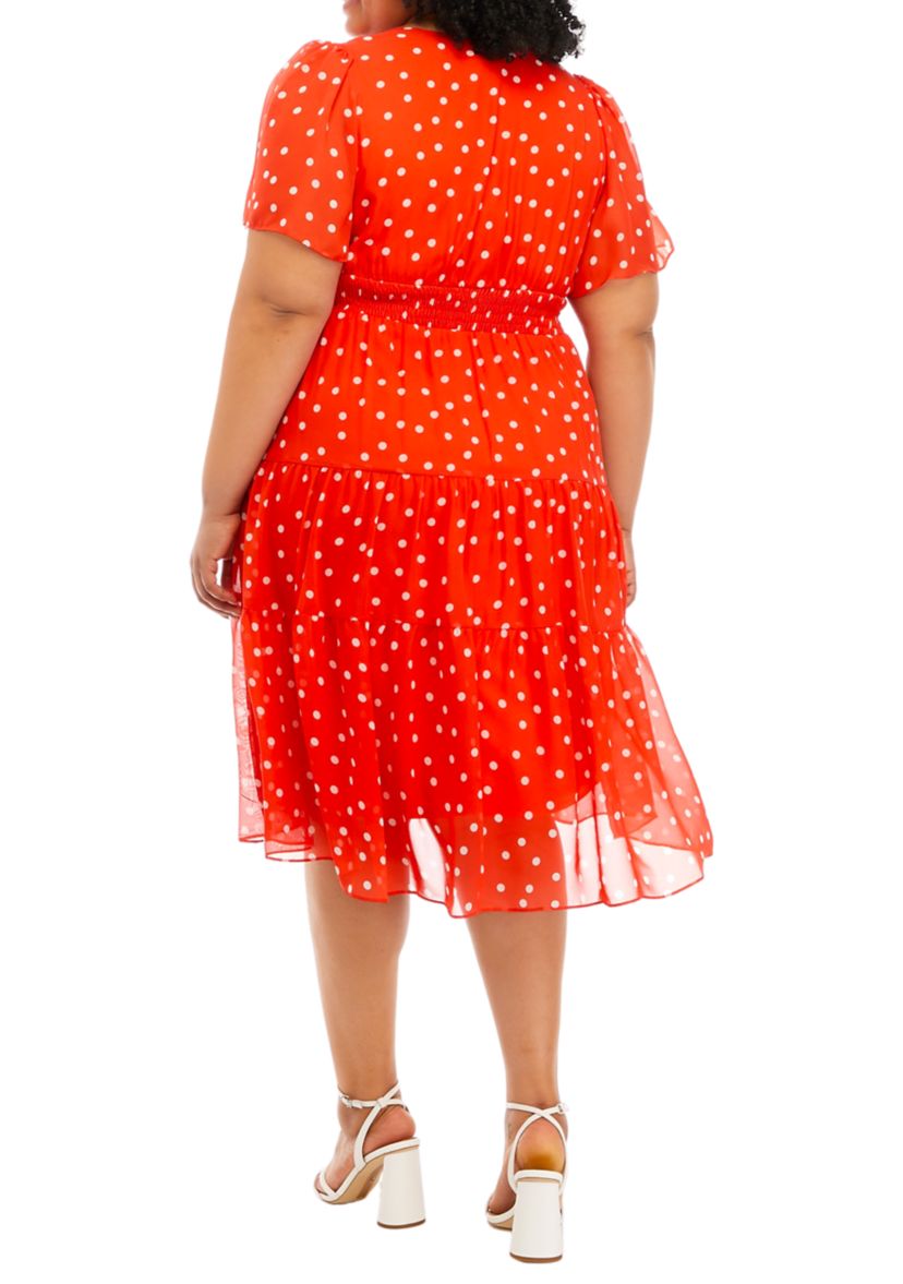 Plus Size Short Sleeve Smocked Waist Dot Printed Chiffon Midi Fit and Flare