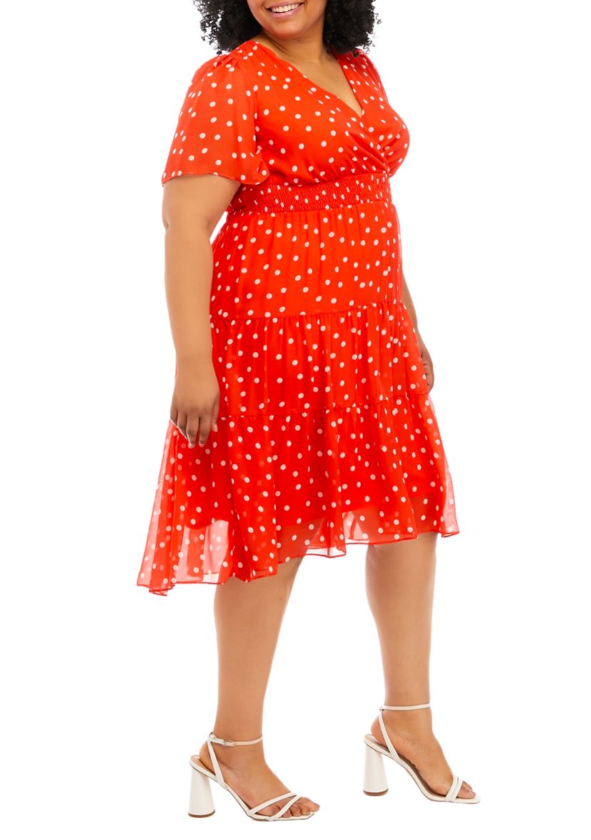 Plus Size Short Sleeve Smocked Waist Dot Printed Chiffon Midi Fit and Flare