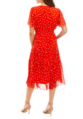 Women's Smocked Waist Dot Printed Chiffon Fit and Flare Dress