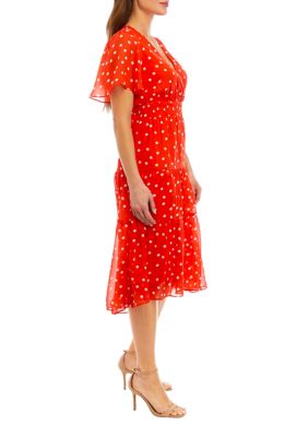 Women's Smocked Waist Dot Printed Chiffon Fit and Flare Dress