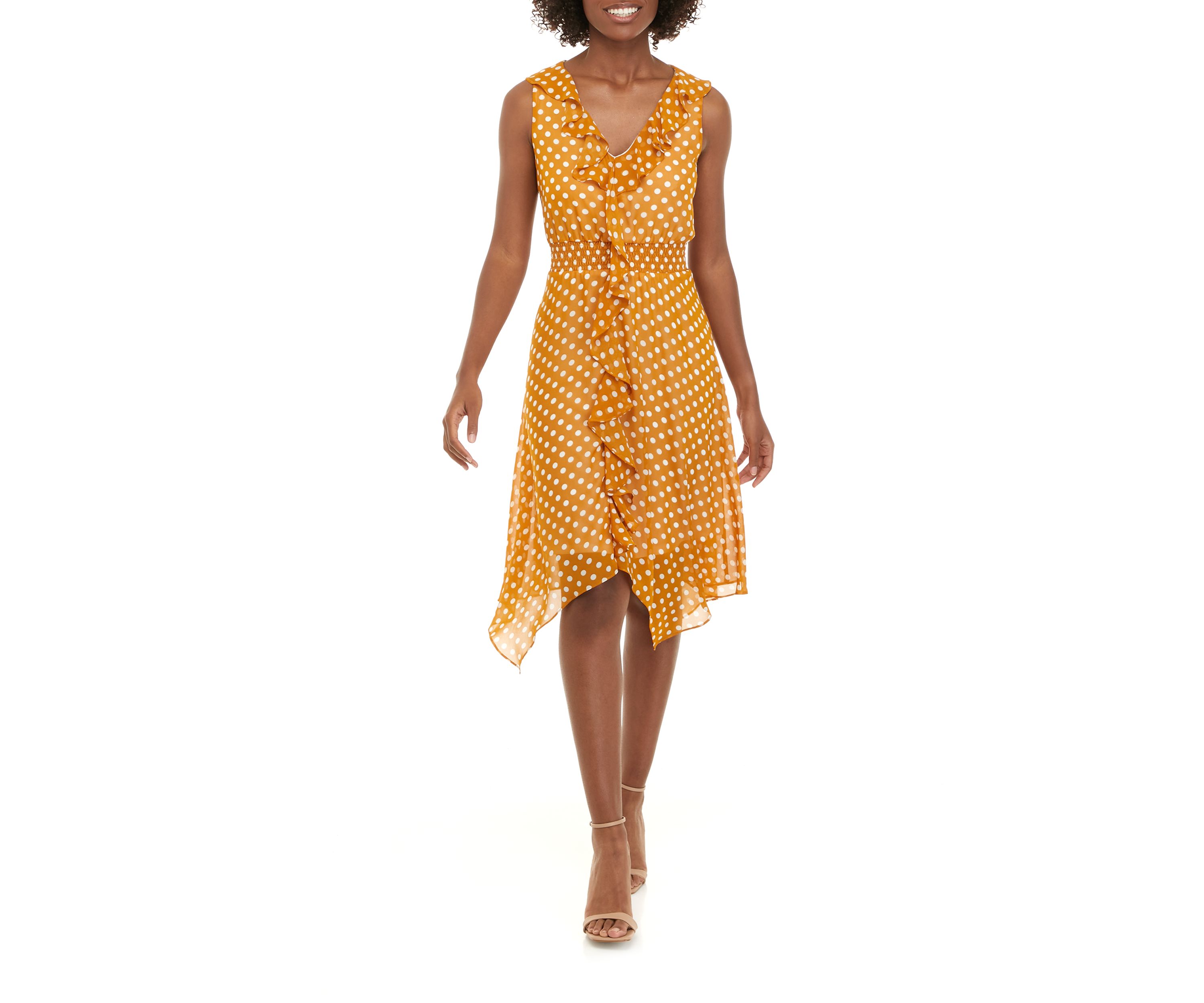 Womens Ruffle Chiffon Dot Print Elastic Waist Dress