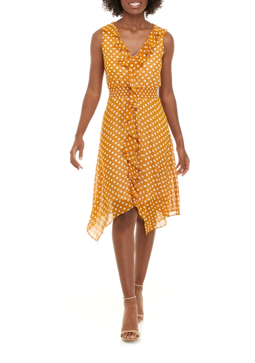Womens Ruffle Chiffon Dot Print Elastic Waist Dress