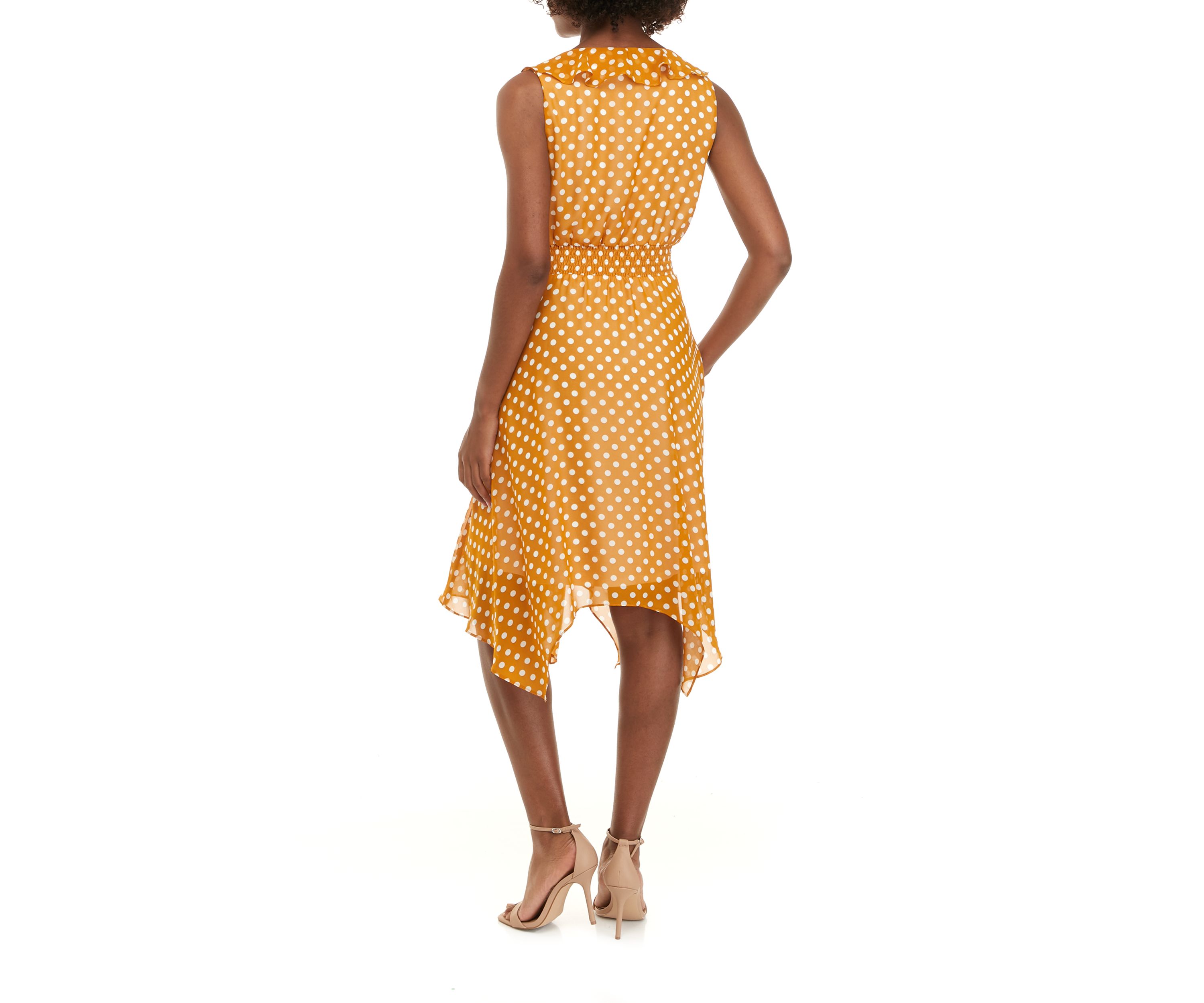 Womens Ruffle Chiffon Dot Print Elastic Waist Dress