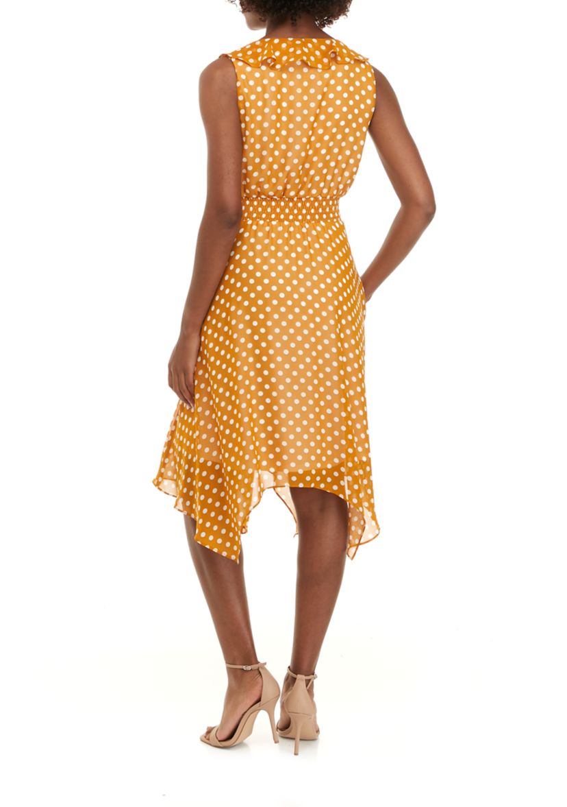 Womens Ruffle Chiffon Dot Print Elastic Waist Dress