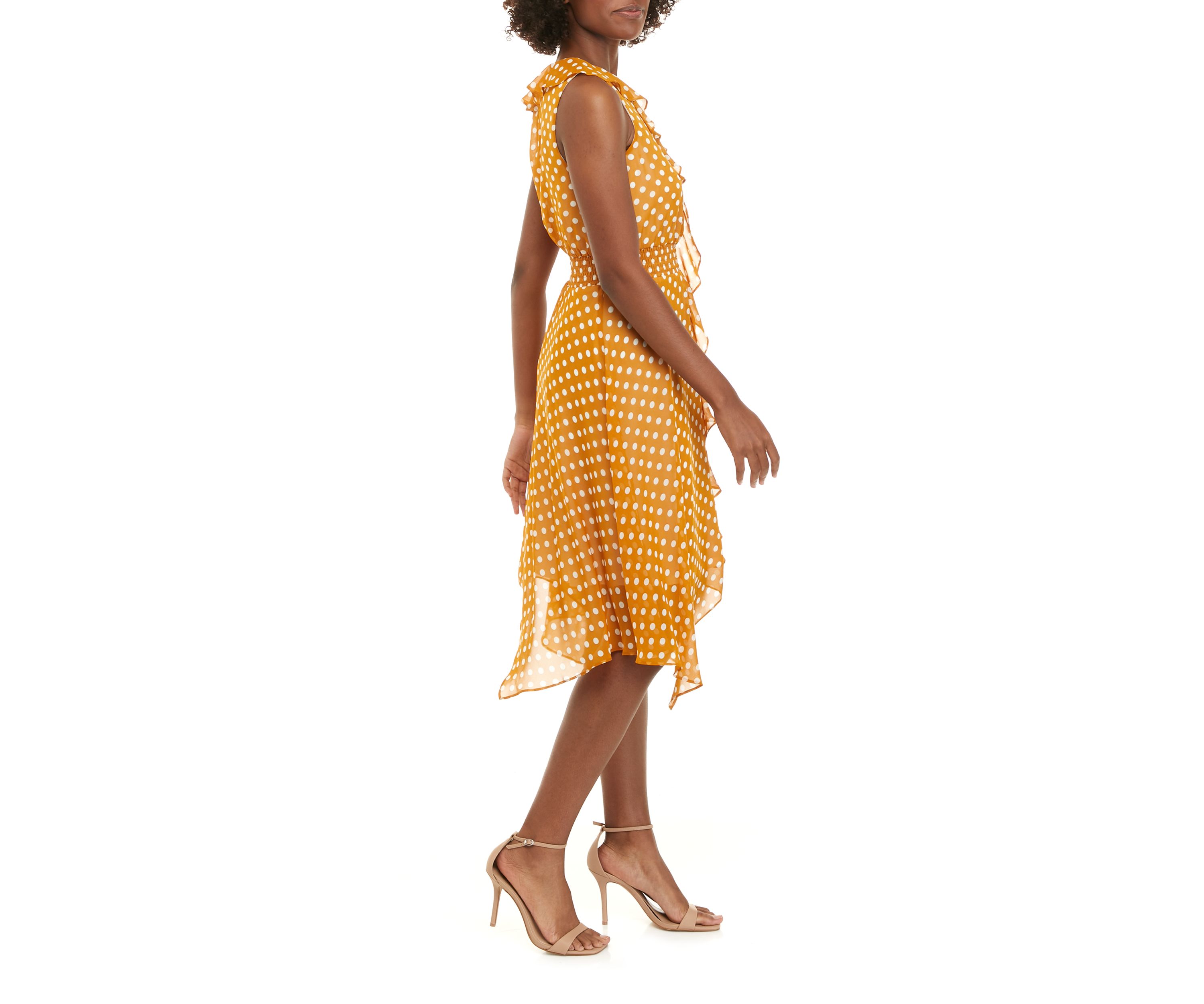 Womens Ruffle Chiffon Dot Print Elastic Waist Dress