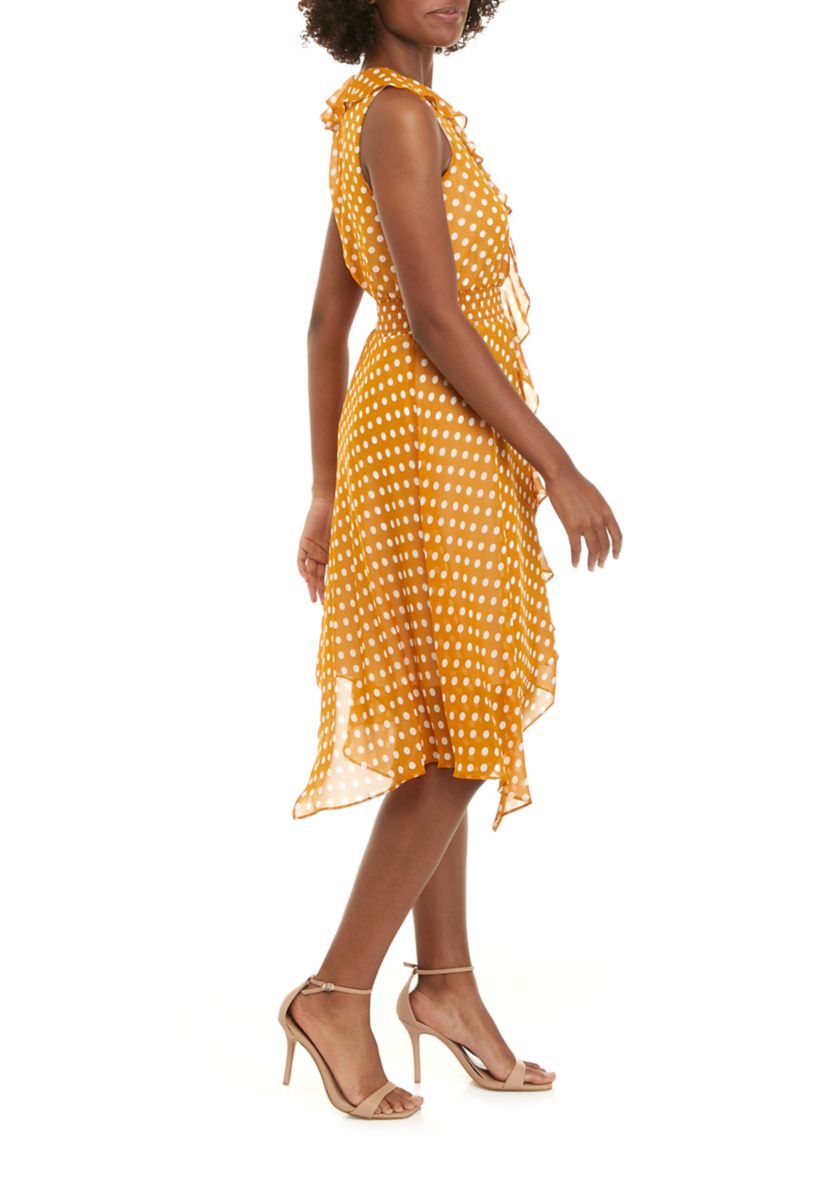 Womens Ruffle Chiffon Dot Print Elastic Waist Dress