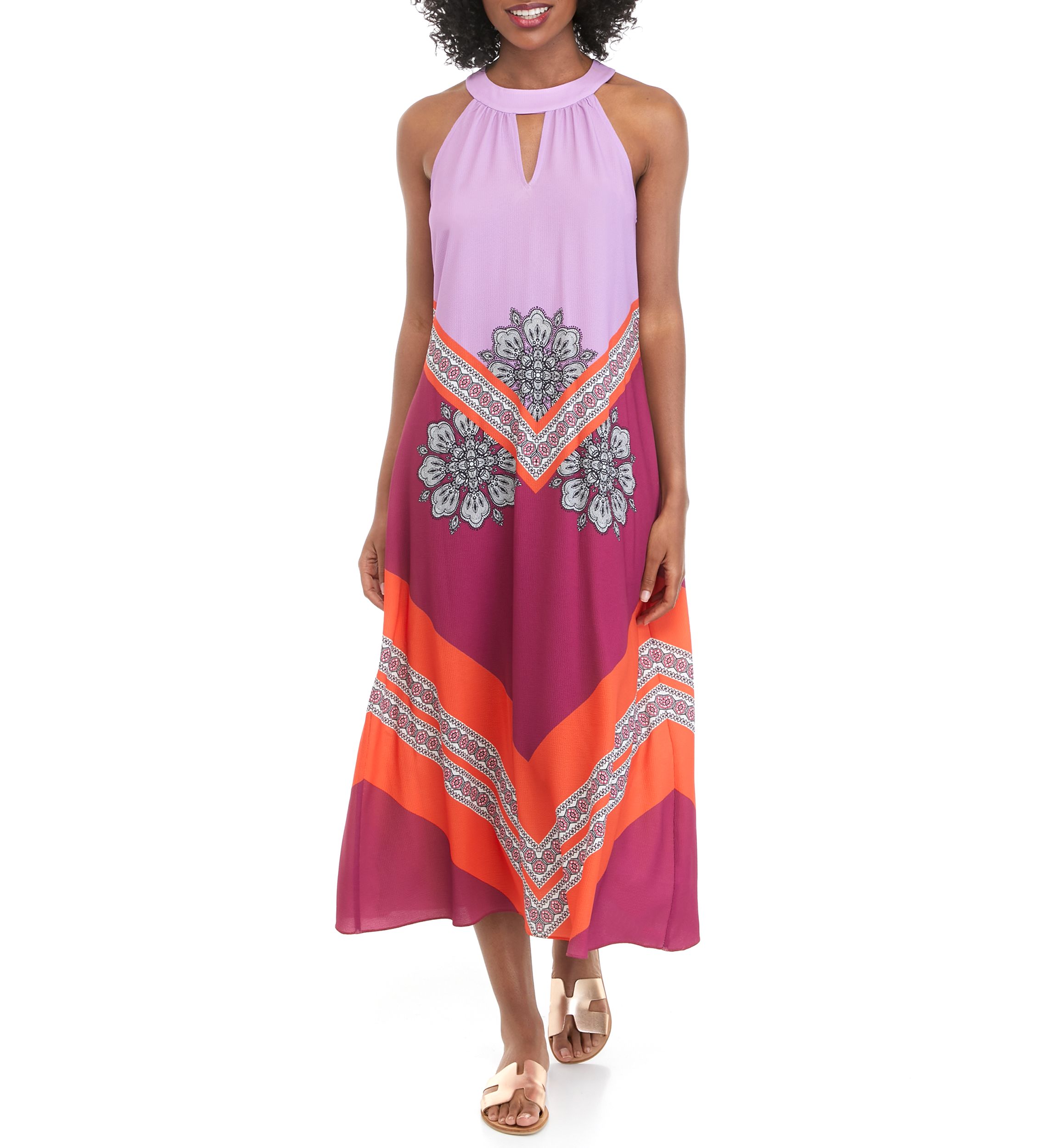 Womens Sleeveless Cutout Halter Neck Printed Dress