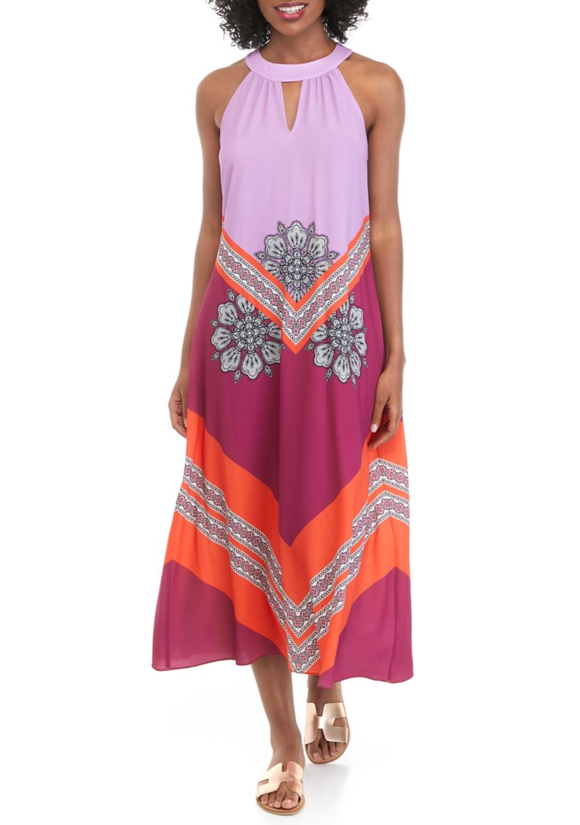 Womens Sleeveless Cutout Halter Neck Printed Dress