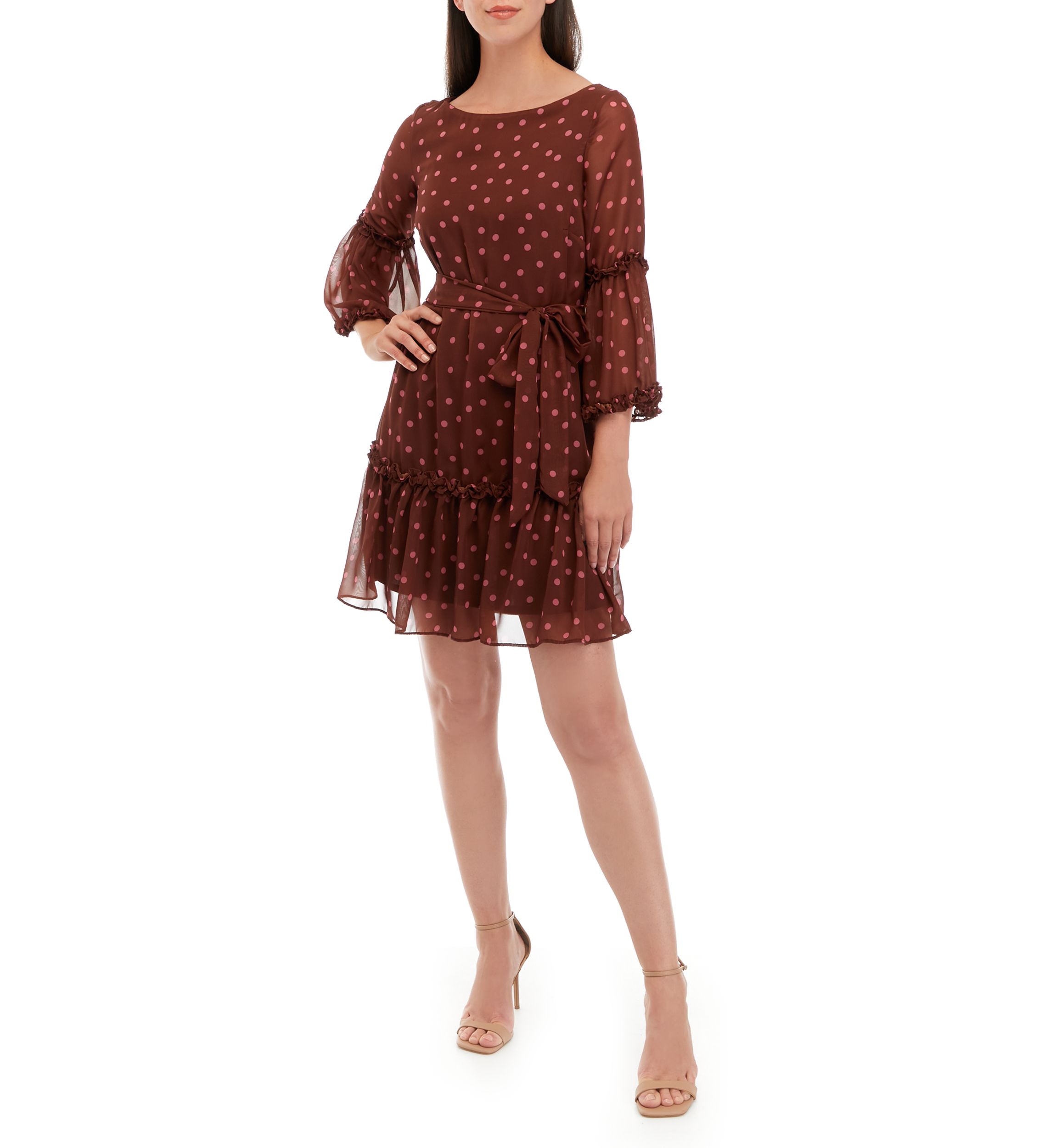 Womens 3/4 Sleeve Chiffon Dot Print Fit and Flare Dress
