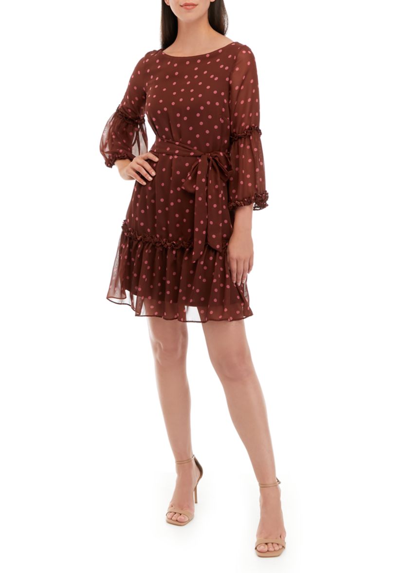 Womens 3/4 Sleeve Chiffon Dot Print Fit and Flare Dress