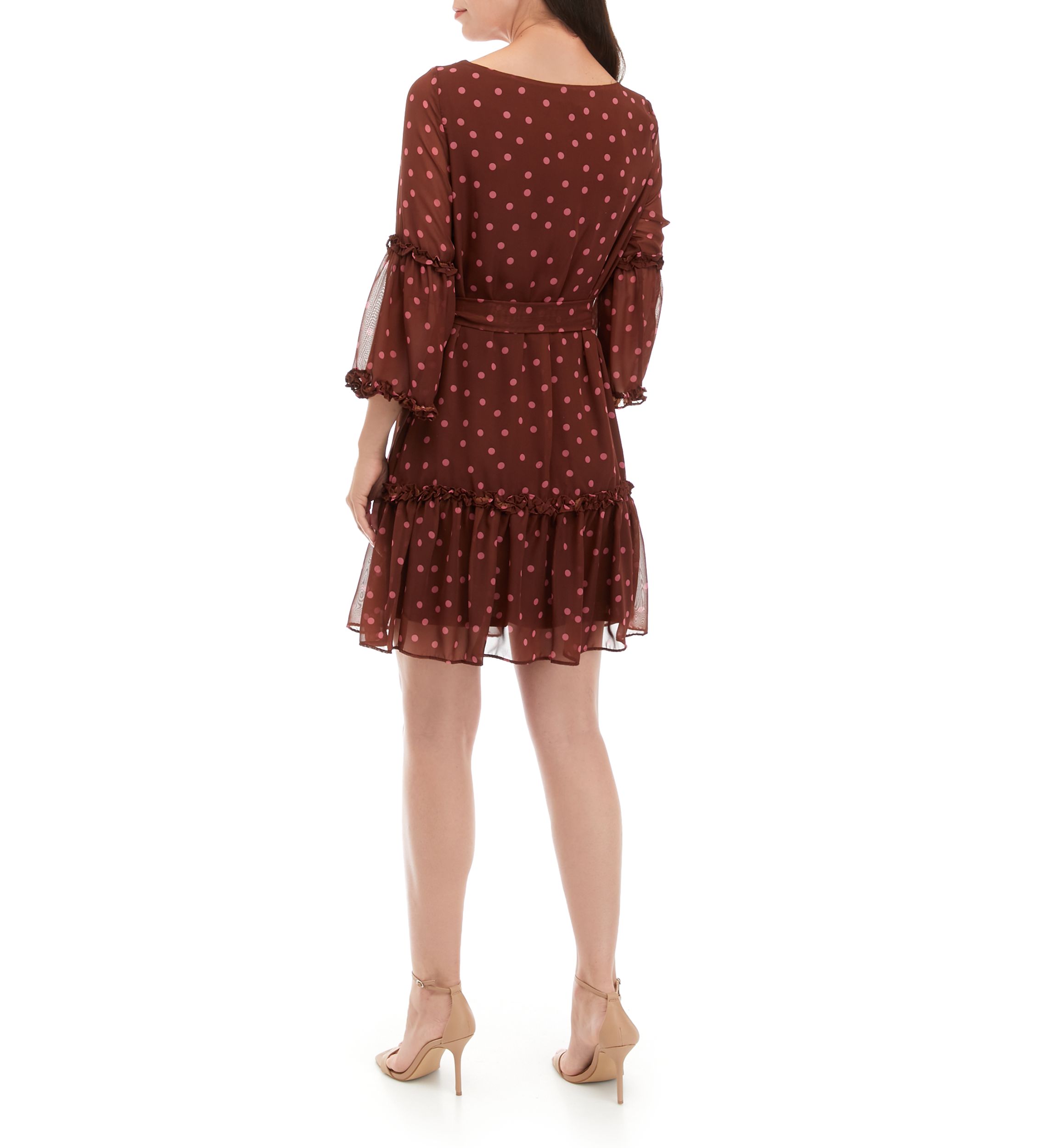 Womens 3/4 Sleeve Chiffon Dot Print Fit and Flare Dress