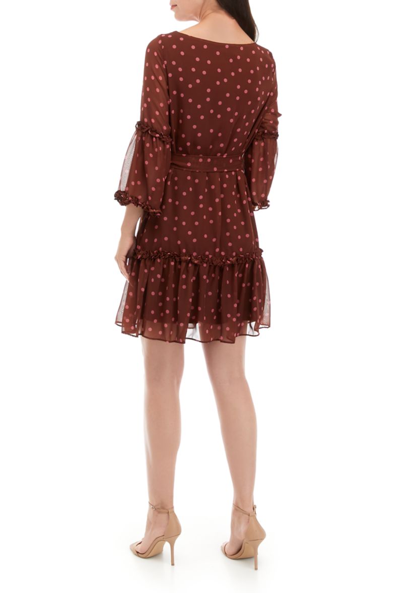 Womens 3/4 Sleeve Chiffon Dot Print Fit and Flare Dress