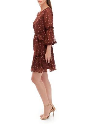 Women's 3/4 Sleeve Chiffon Dot Print Fit and Flare Dress