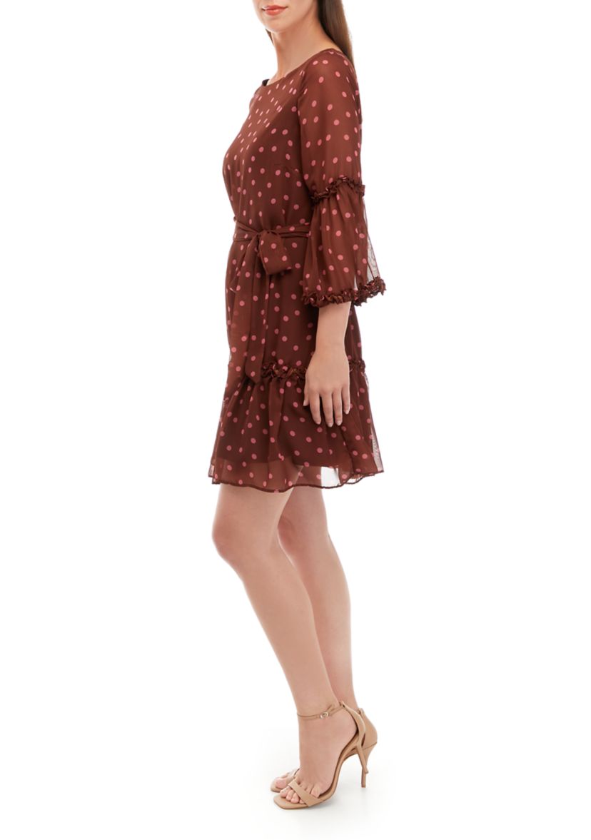 Womens 3/4 Sleeve Chiffon Dot Print Fit and Flare Dress