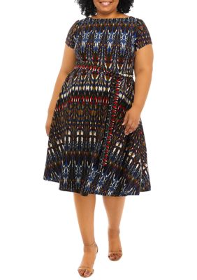 Plus Tie Waist Abstract Print Fit and Flare Dress