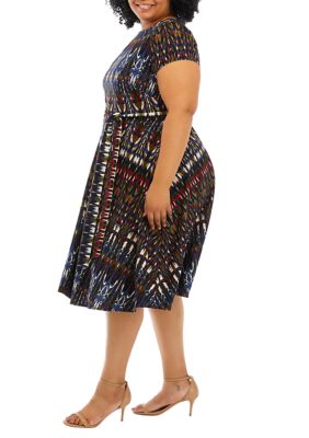 Plus Tie Waist Abstract Print Fit and Flare Dress