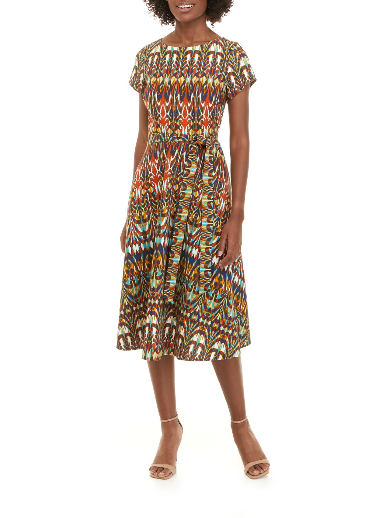 Womens Short Sleeve Printed Scuba Fit and Flare Dress