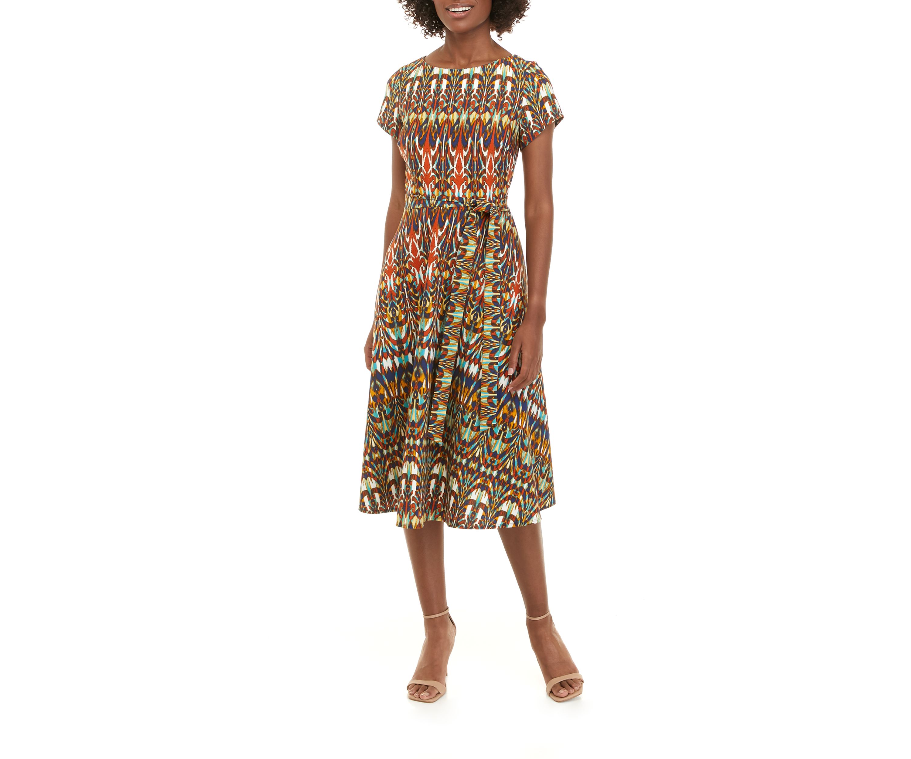 Womens Short Sleeve Printed Scuba Fit and Flare Dress