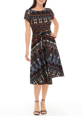 Women's Short Sleeve Printed Scuba Fit and Flare Dress