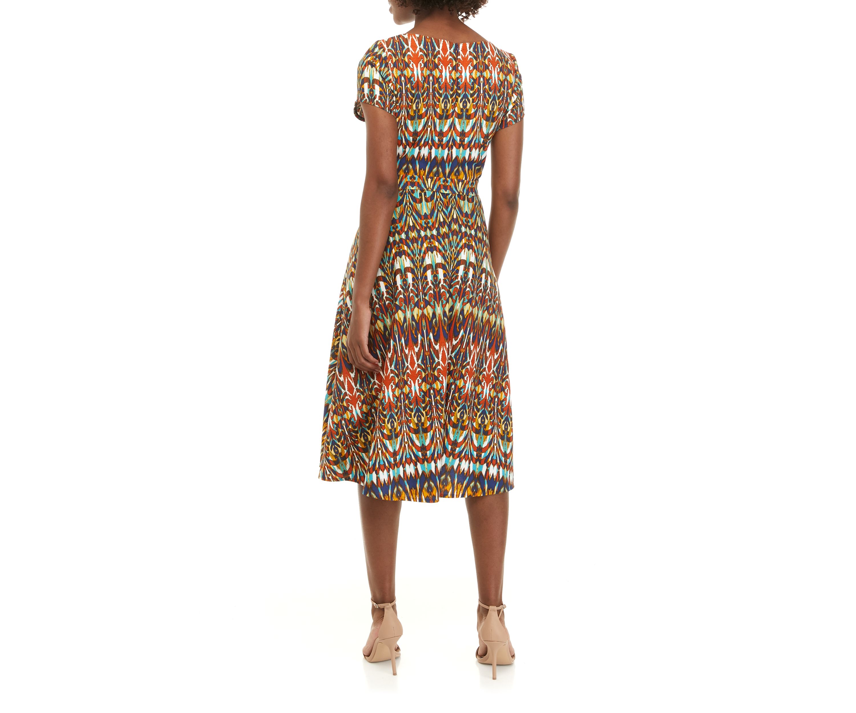 Womens Short Sleeve Printed Scuba Fit and Flare Dress