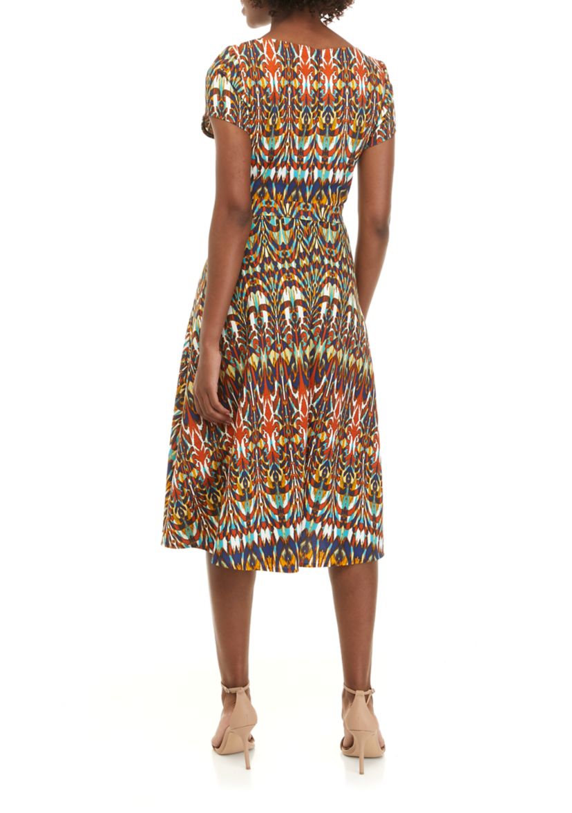 Womens Short Sleeve Printed Scuba Fit and Flare Dress
