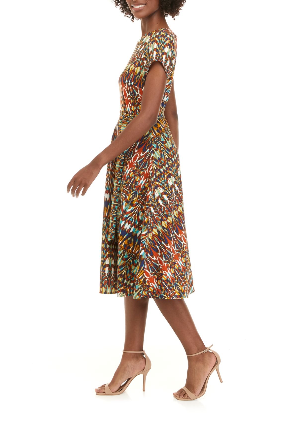 Womens Short Sleeve Printed Scuba Fit and Flare Dress