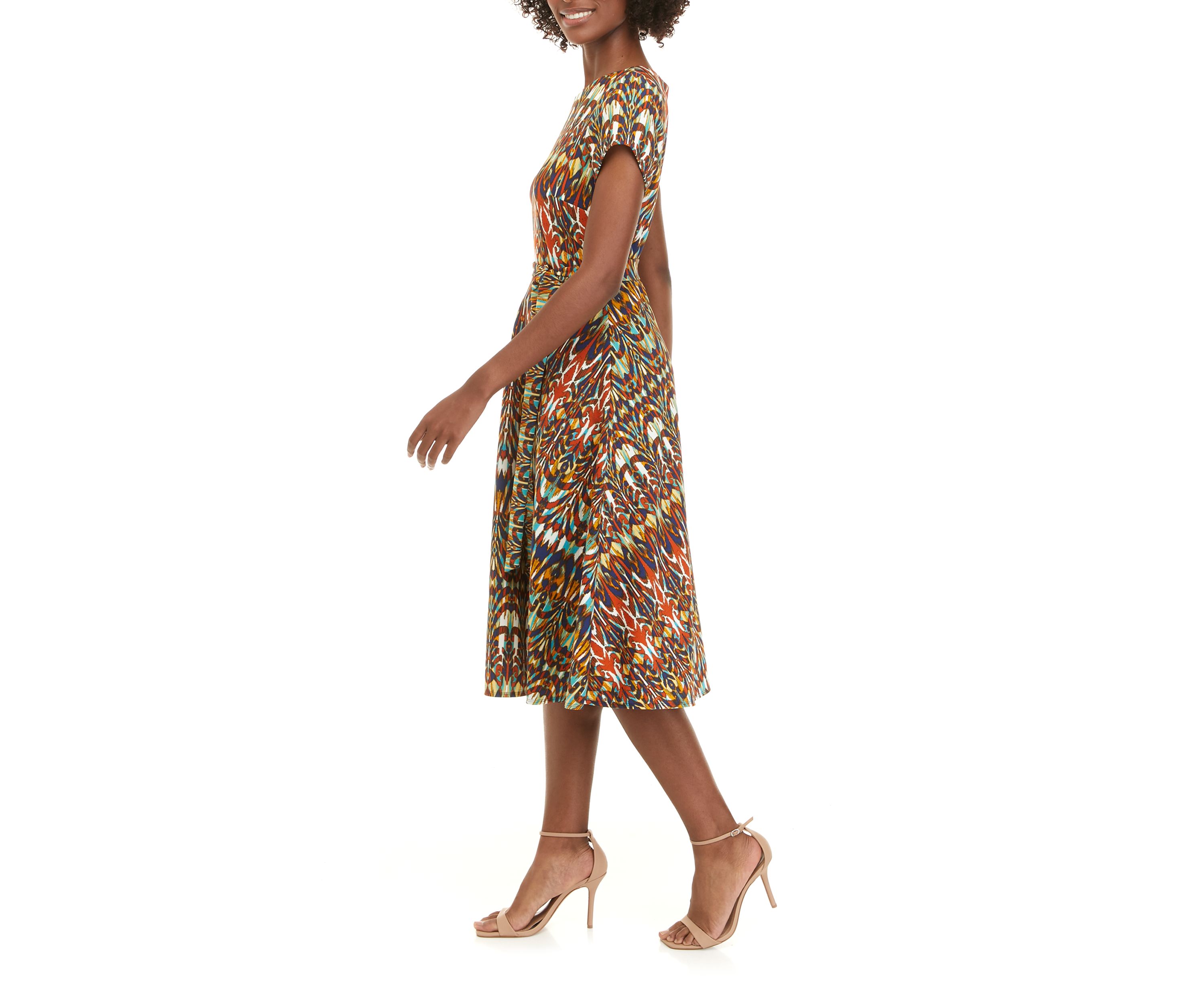 Womens Short Sleeve Printed Scuba Fit and Flare Dress