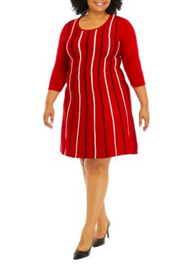 Plus 3/4 Sleeve Vertical Stripe Fit and Flare Dress