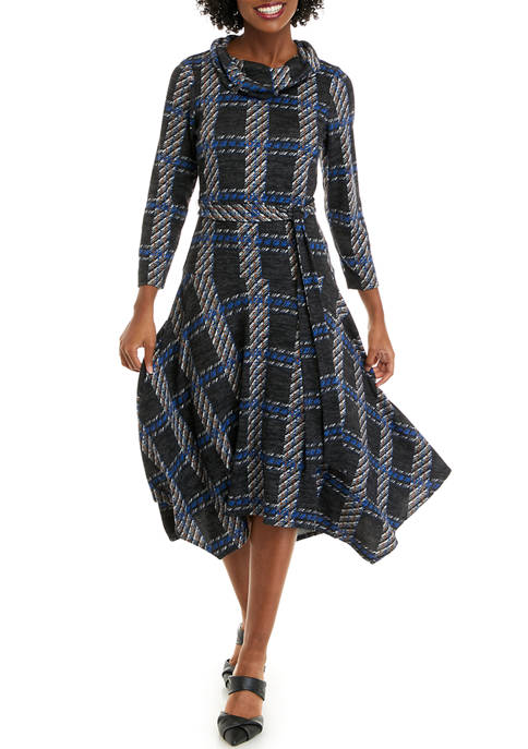 belk.com | Women's Cozy 3/4 Sleeve Cowl Neck Belted Plaid Fit and Flare Dress